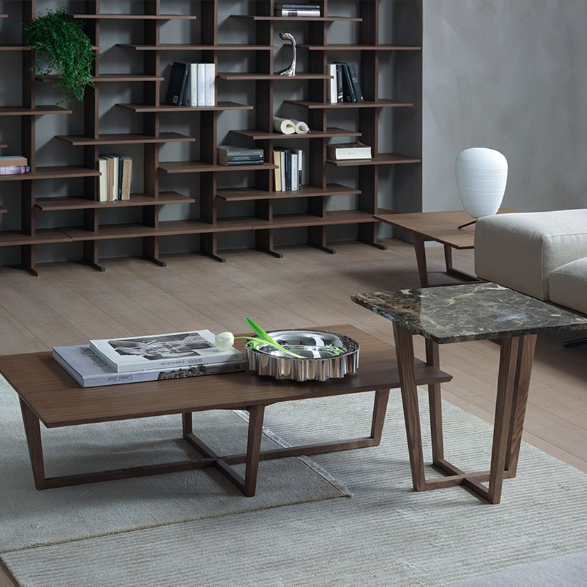 Wood and marble coffee and side tables set up in living room