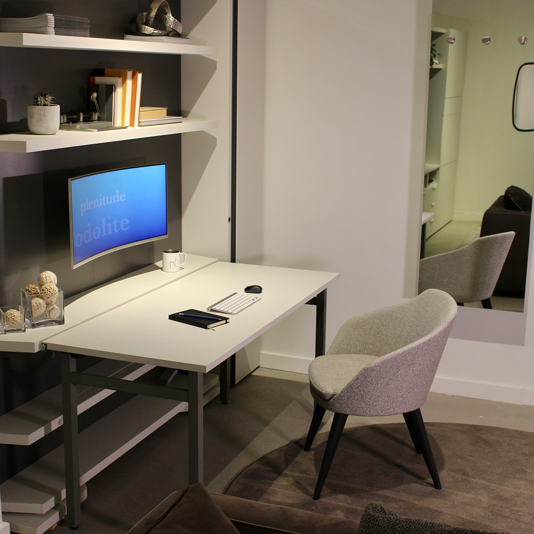 Wall bed with desk attached and computer mounted to front