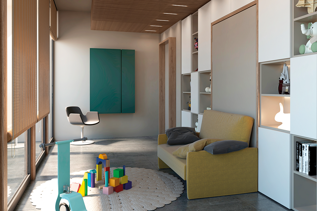 Wall bed with small sofa attached in kid's room / flex space