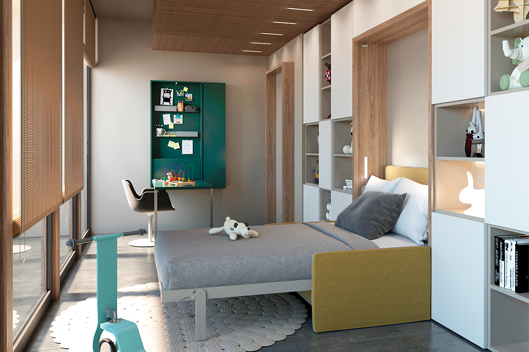 Image showing how wall bed opens over the top of the sofa in kid's room