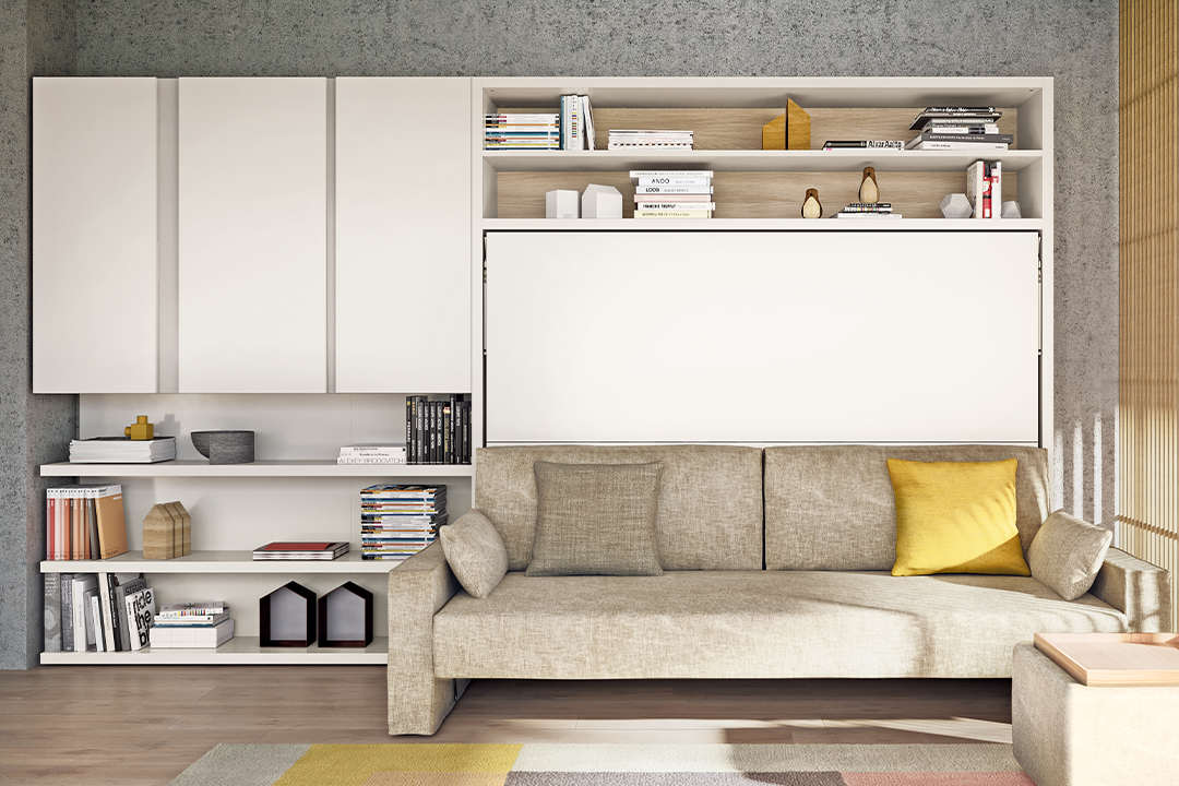 Queen wall bed with overhead storage and comfortable sofa in bedroom