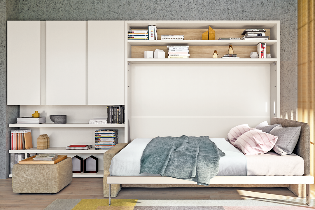 Queen size wall bed open to show mattress and headboard
