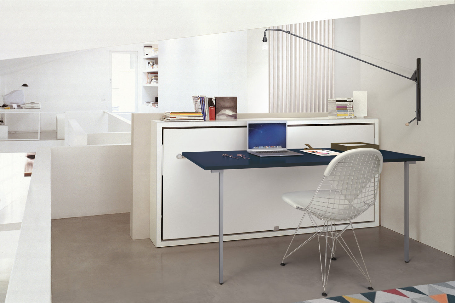 Wall bed with tip down desk