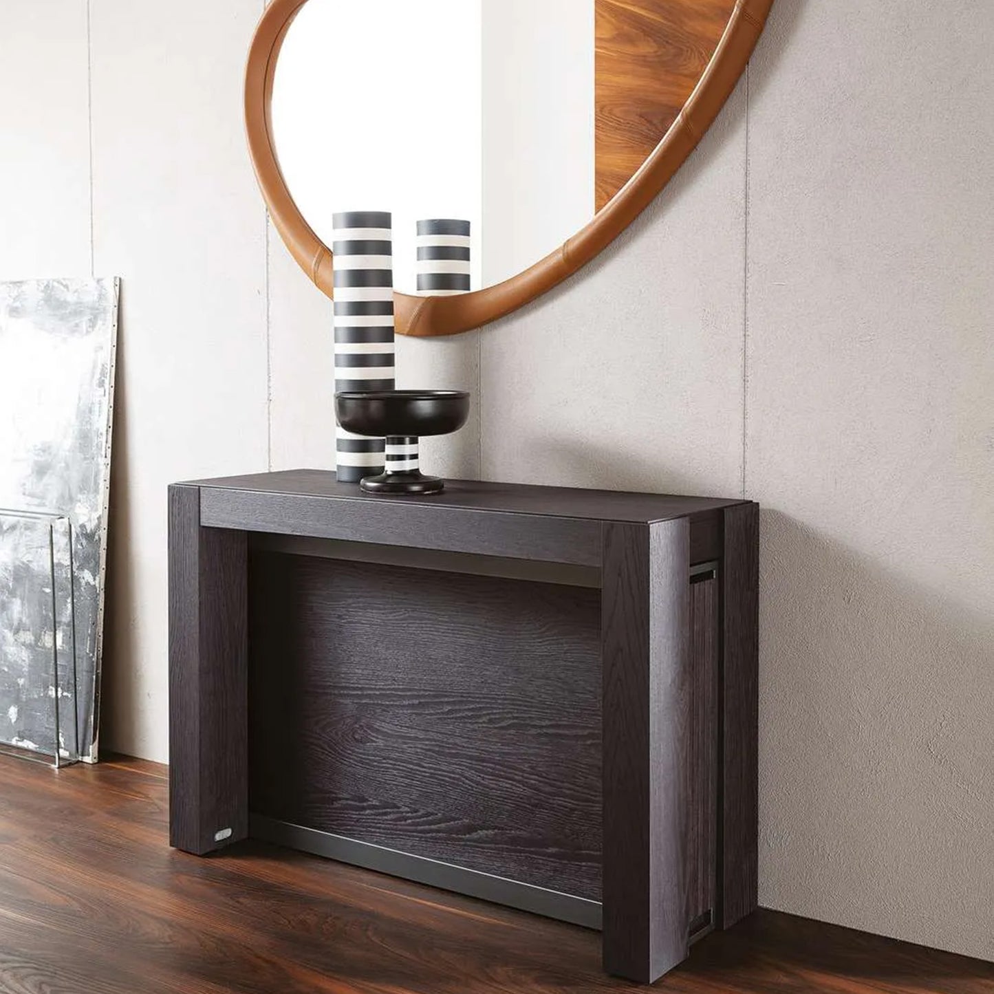 Wood console table closed, sitting flush against a wall.