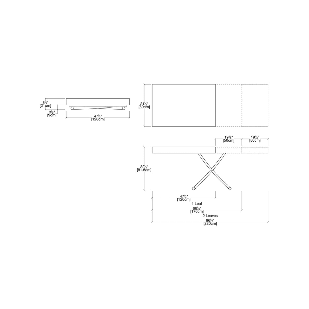 Transforming table technical drawing with dimensions.