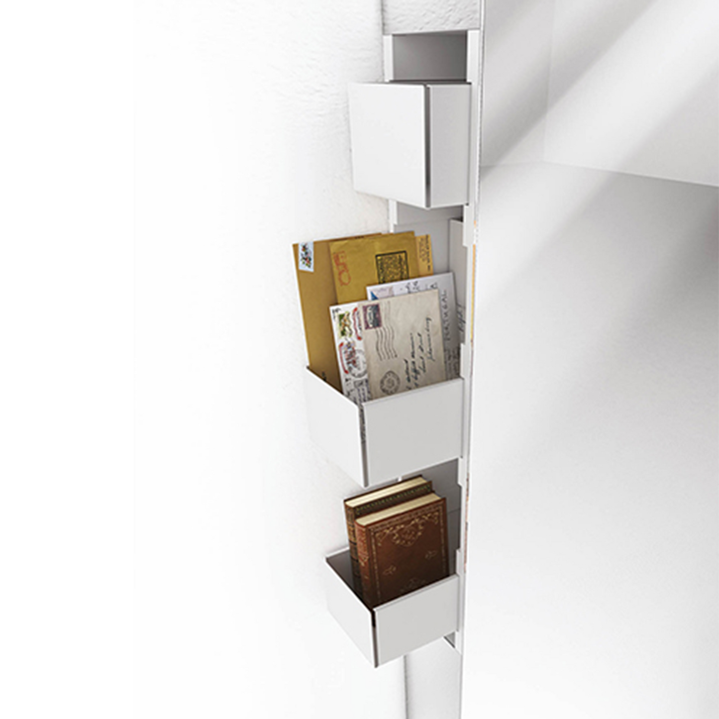 Close up of pull-out drawers in hallway mirror.