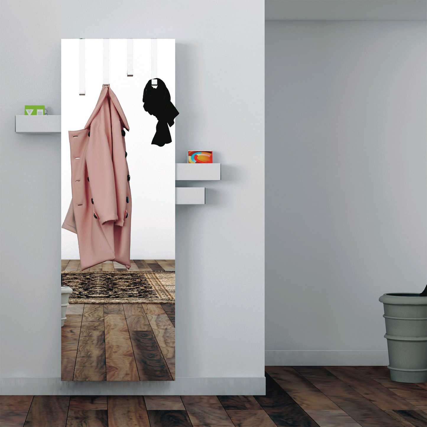 Hallway mirror with hooks and hidden shelves.