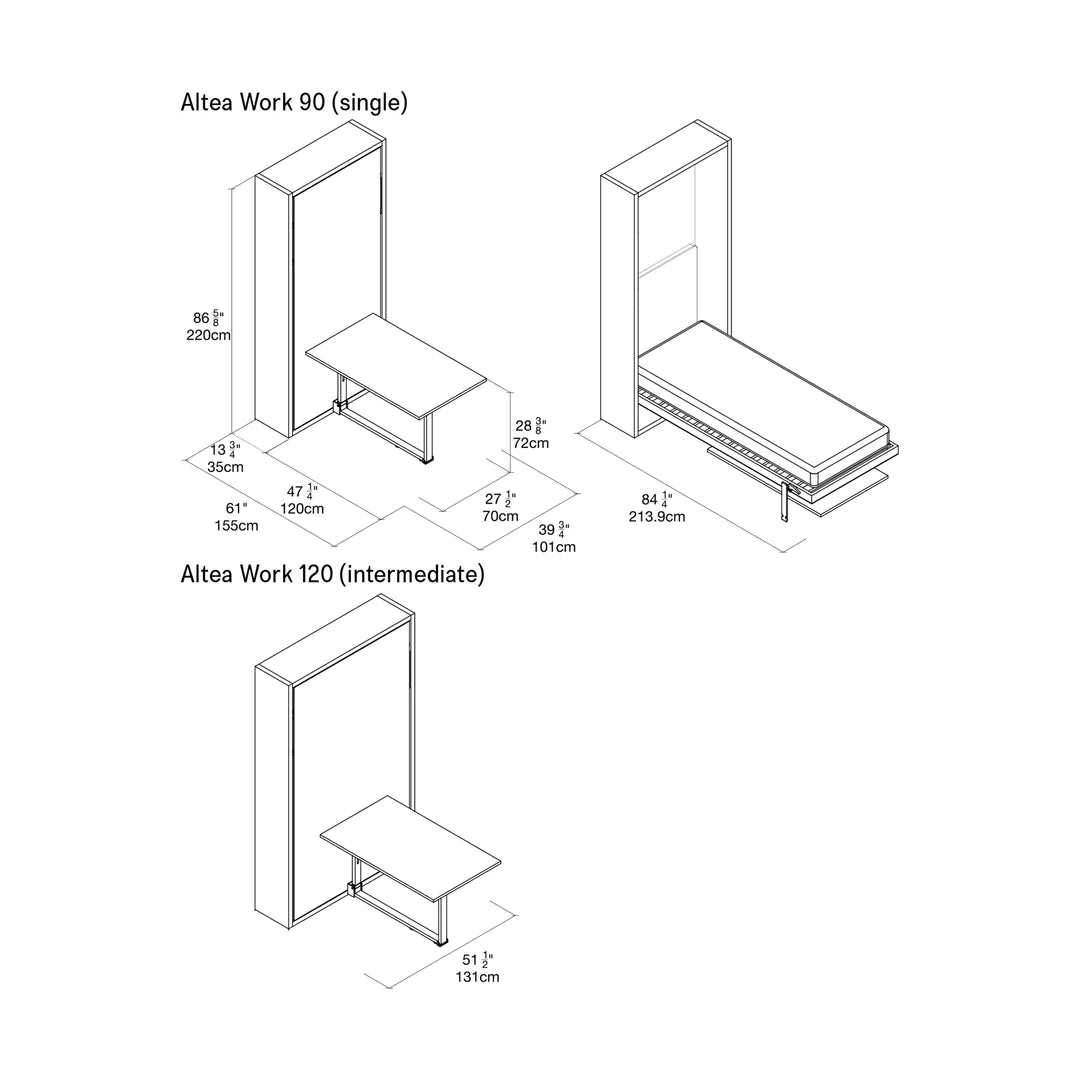 CLEI intermediate Altea Work 120 and Altea Work 120 wall bed dimensions