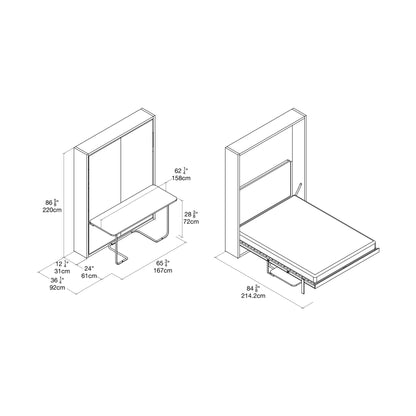 Clei Ulisse Desk wall bed with integrated desk. Technical drawing with dimensions.