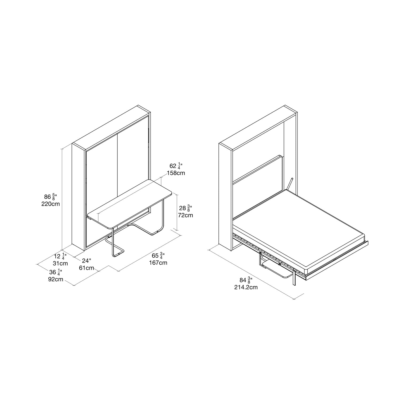 Clei Ulisse Desk wall bed with integrated desk. Technical drawing with dimensions.