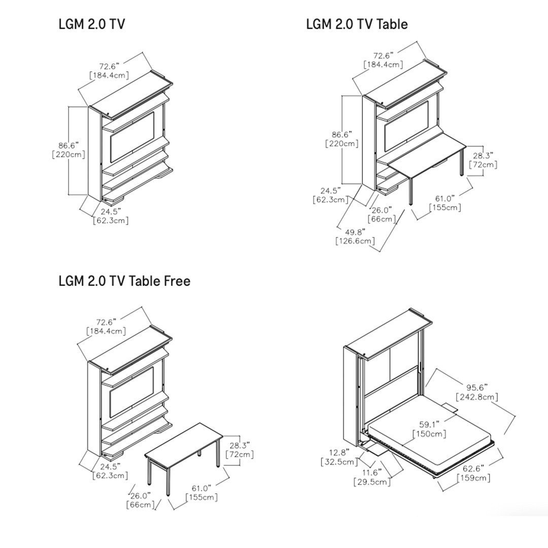 CLEI LGM TV - bookshelf wall bed with tip up desk and TV - dimensions