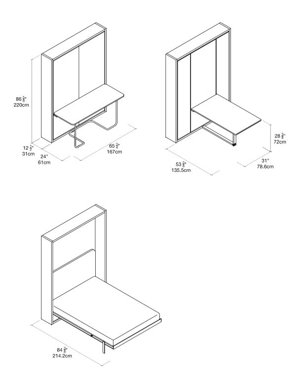 Clei Ulisse Dining wall bed with integrated dining table. Technical drawings with dimensions.