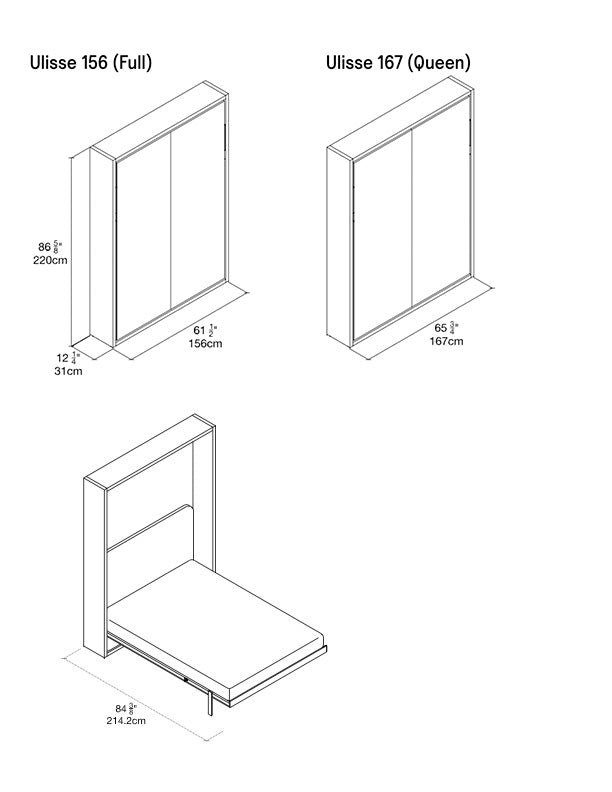 Clei Ulisse plain wall bed dimensions.