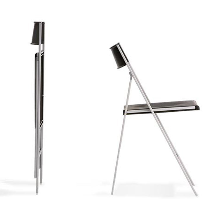 Folding dining chair in both its open and closed positions.