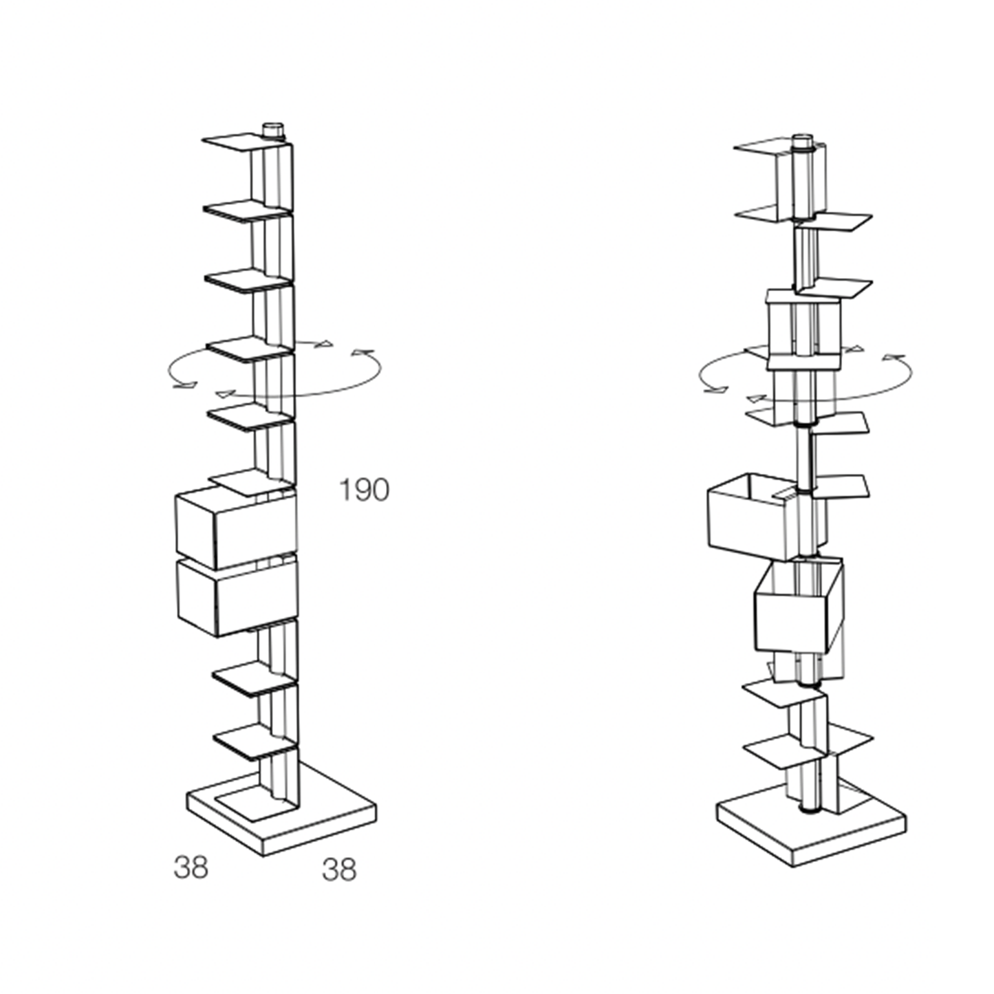 Technical drawings of sculptural bookcase, with dimensions.