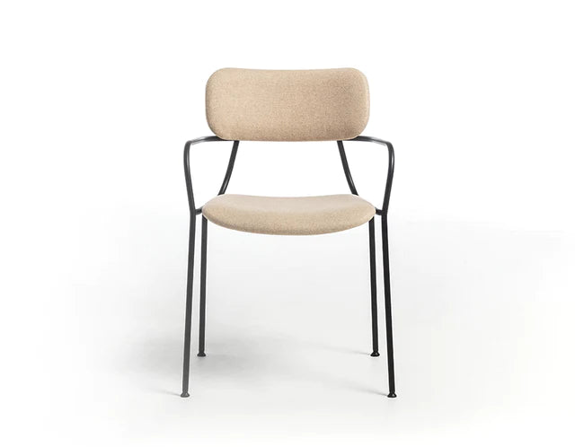 Dining chair with wooden seat and metal structure.