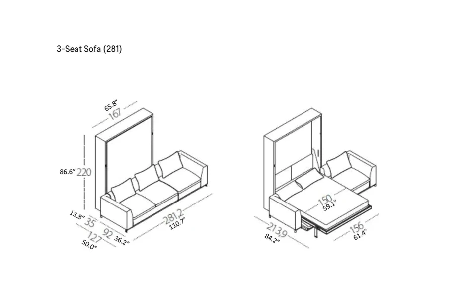 Measurements for wall bed with sectional sofa