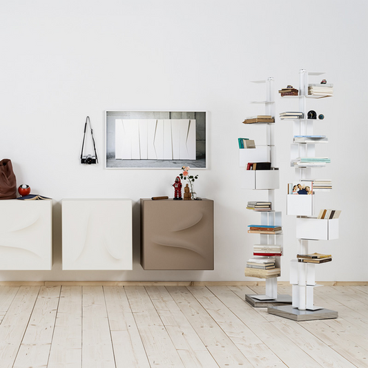 Sculptural bookcase with containers.