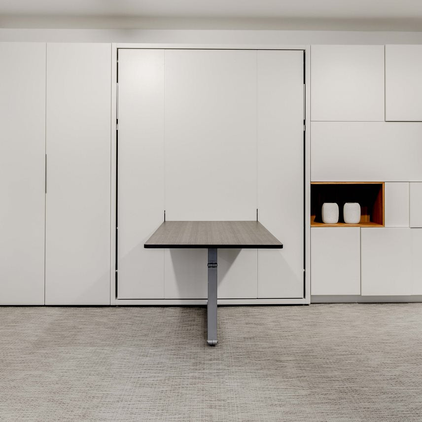 Clei Ulisse Dining wall bed with integrated dining table, closed. Custom storage units each side.
