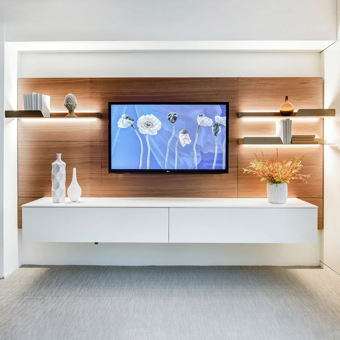 Smaller version of wall mounted media unit finished with Walnut back panels, gold shelves and white storage containers.