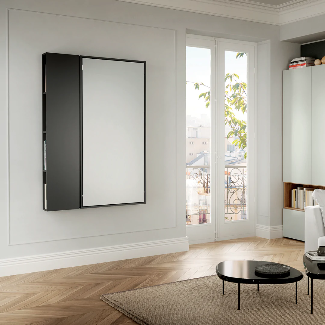 Wally desk unit closed in living area. Wall mounted structure sits flush against the wall.