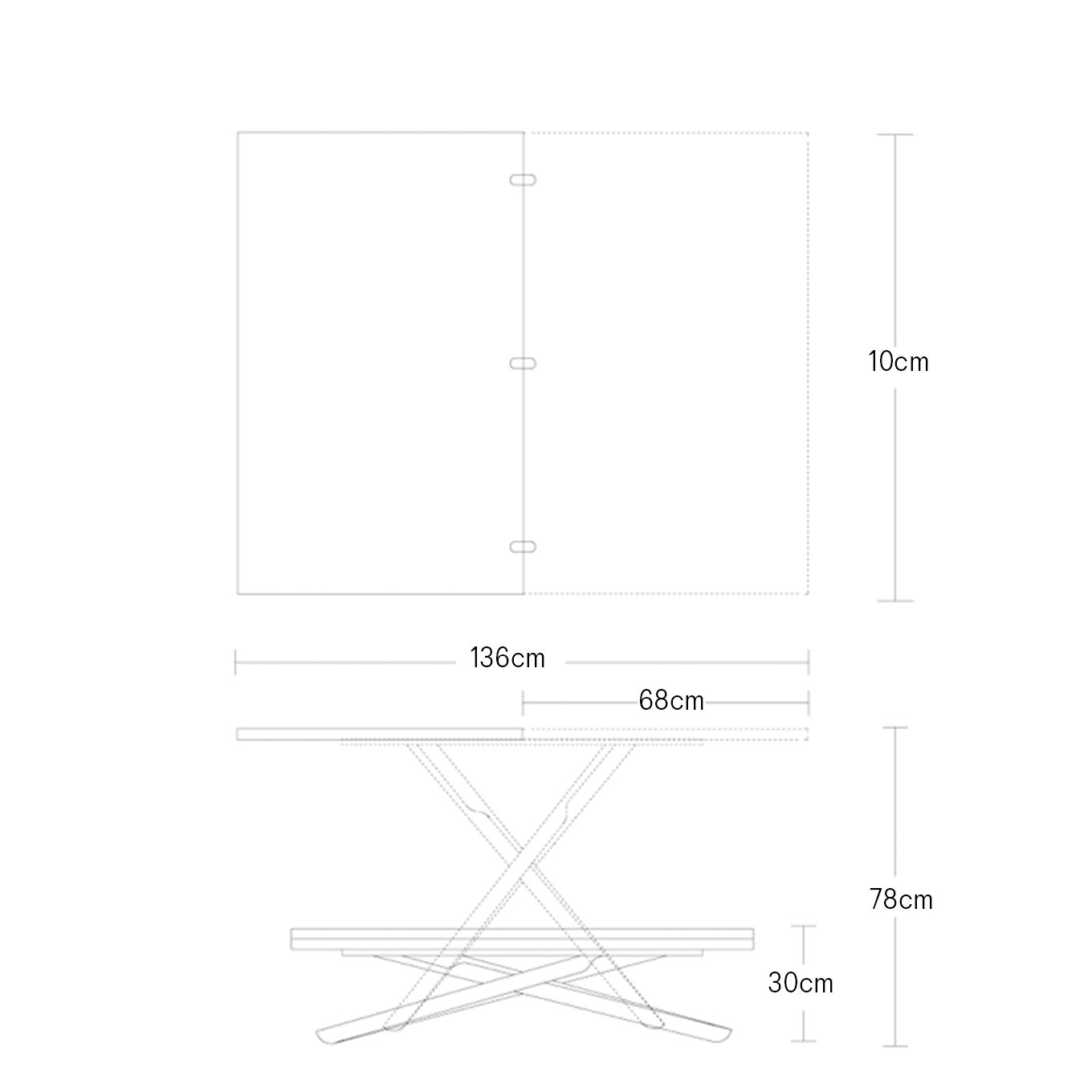 Dimensions of Lotus transforming table in coffee and dining table versions