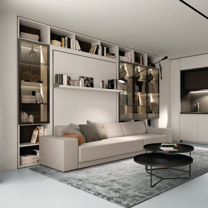 Full height contemporary storage cabinets surrounding Murphy bed with sofa