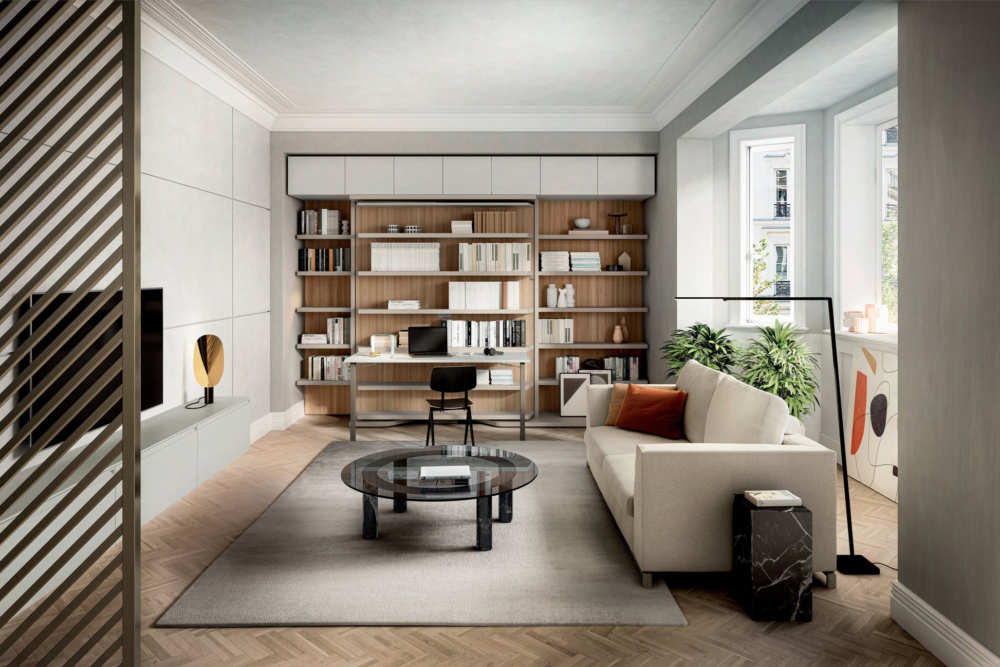 Wallbed with bookshelves in light and airy living area