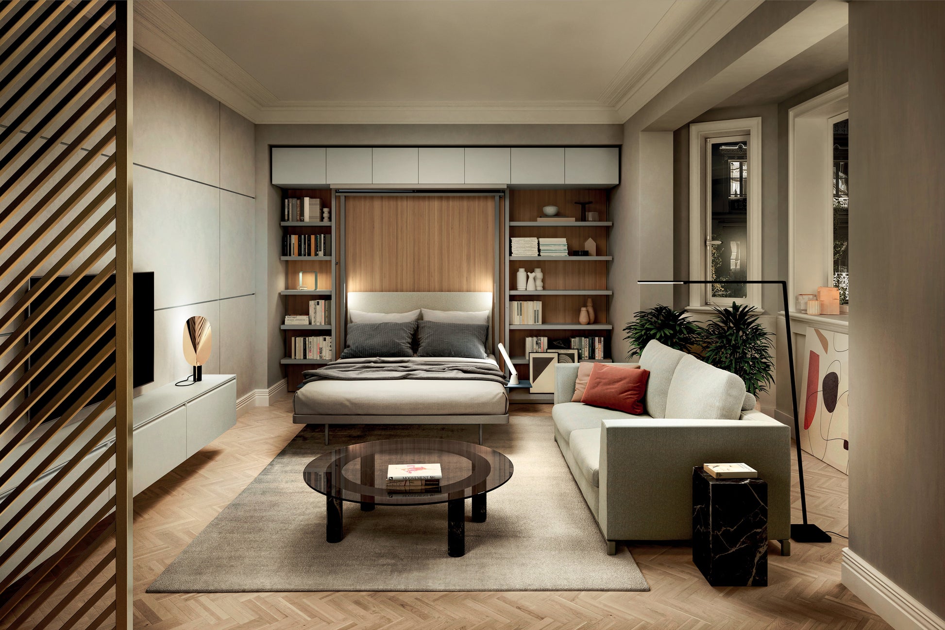 Wall bed open, in living room setting at night