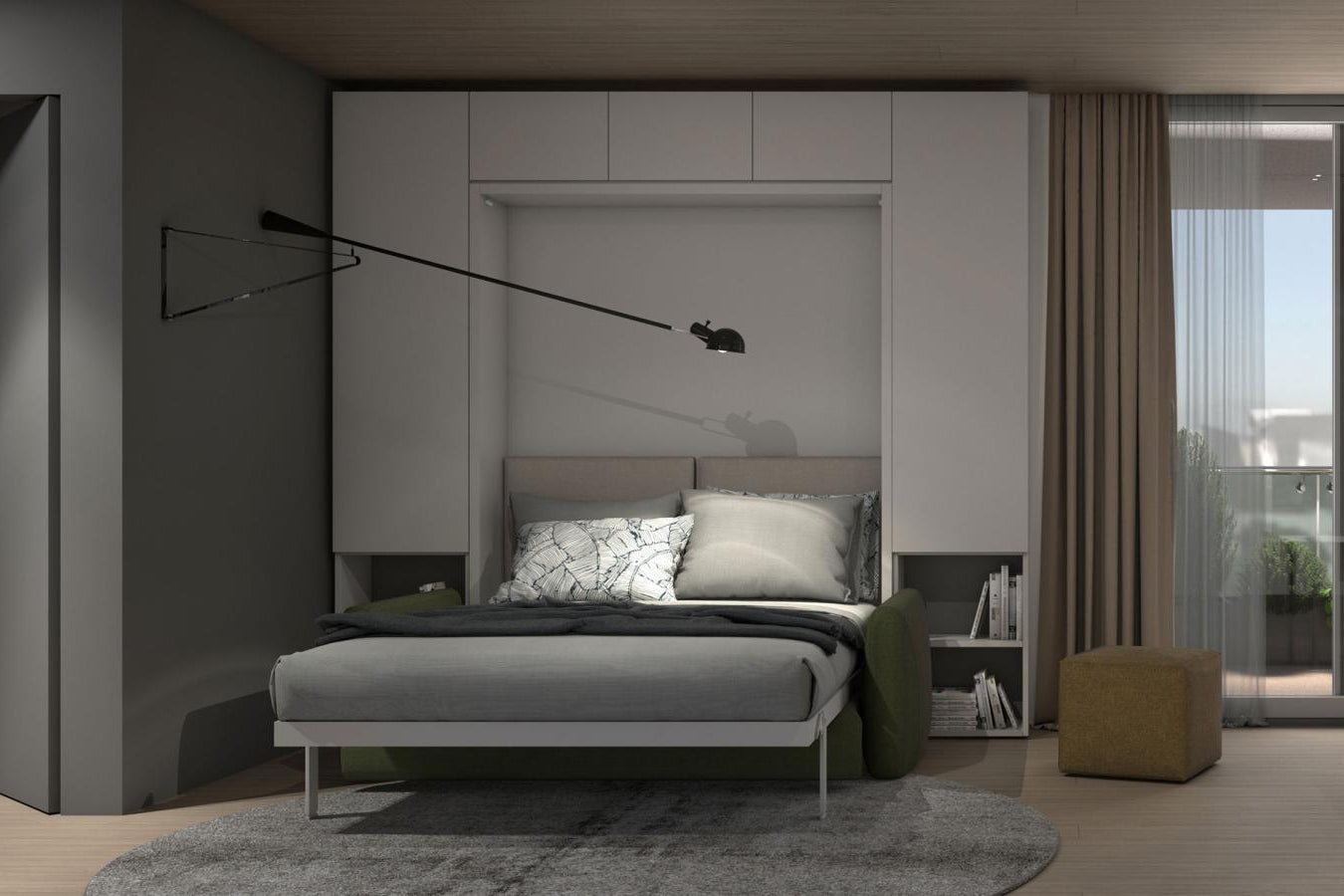 Wall bed open with bedding