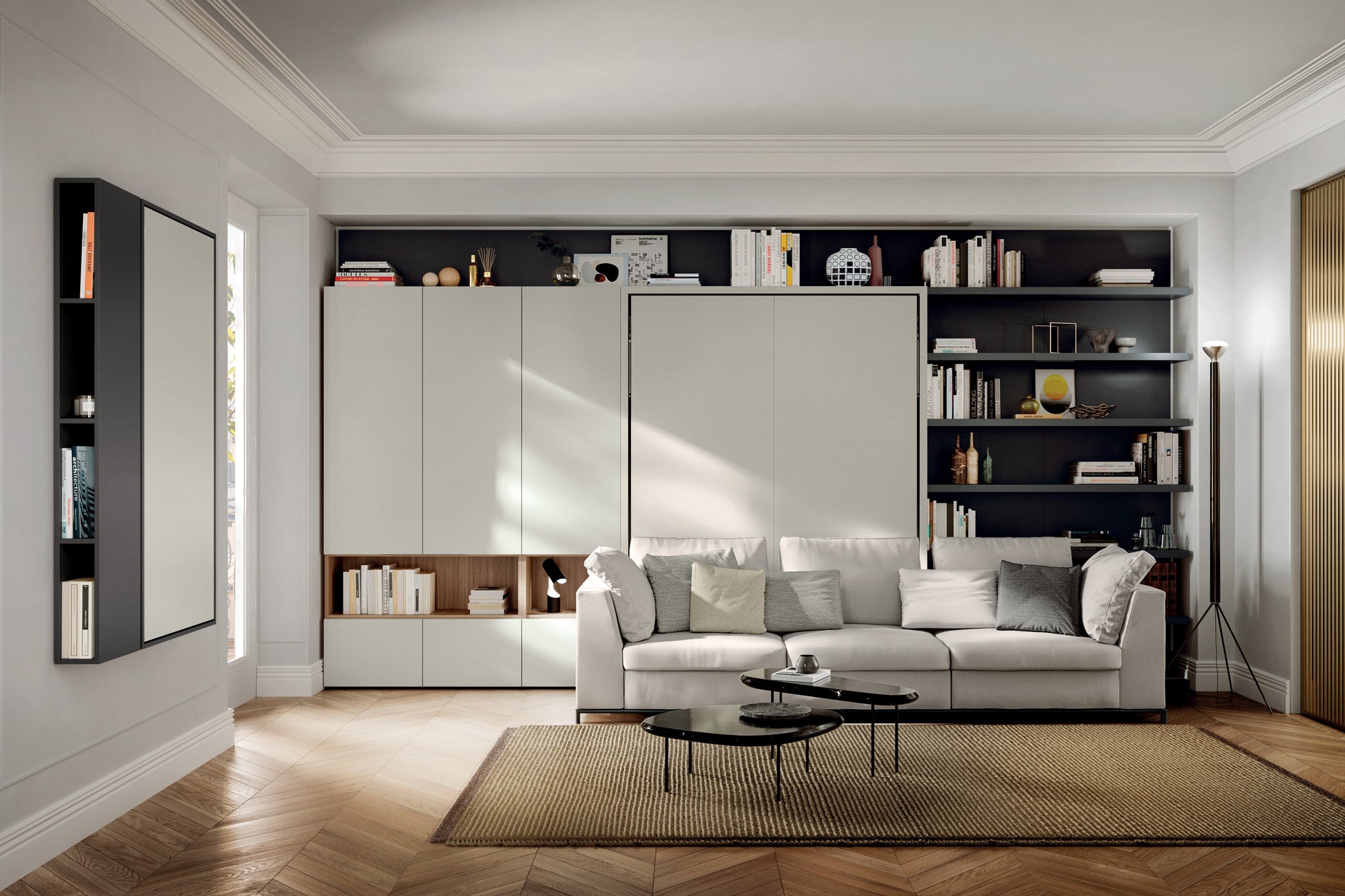 Wall bed with sectional sofa in living room