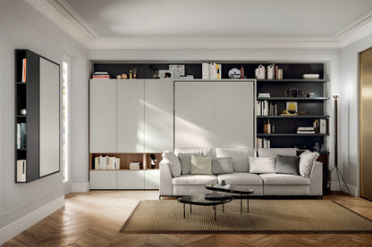 Wall bed with sectional sofa in living room