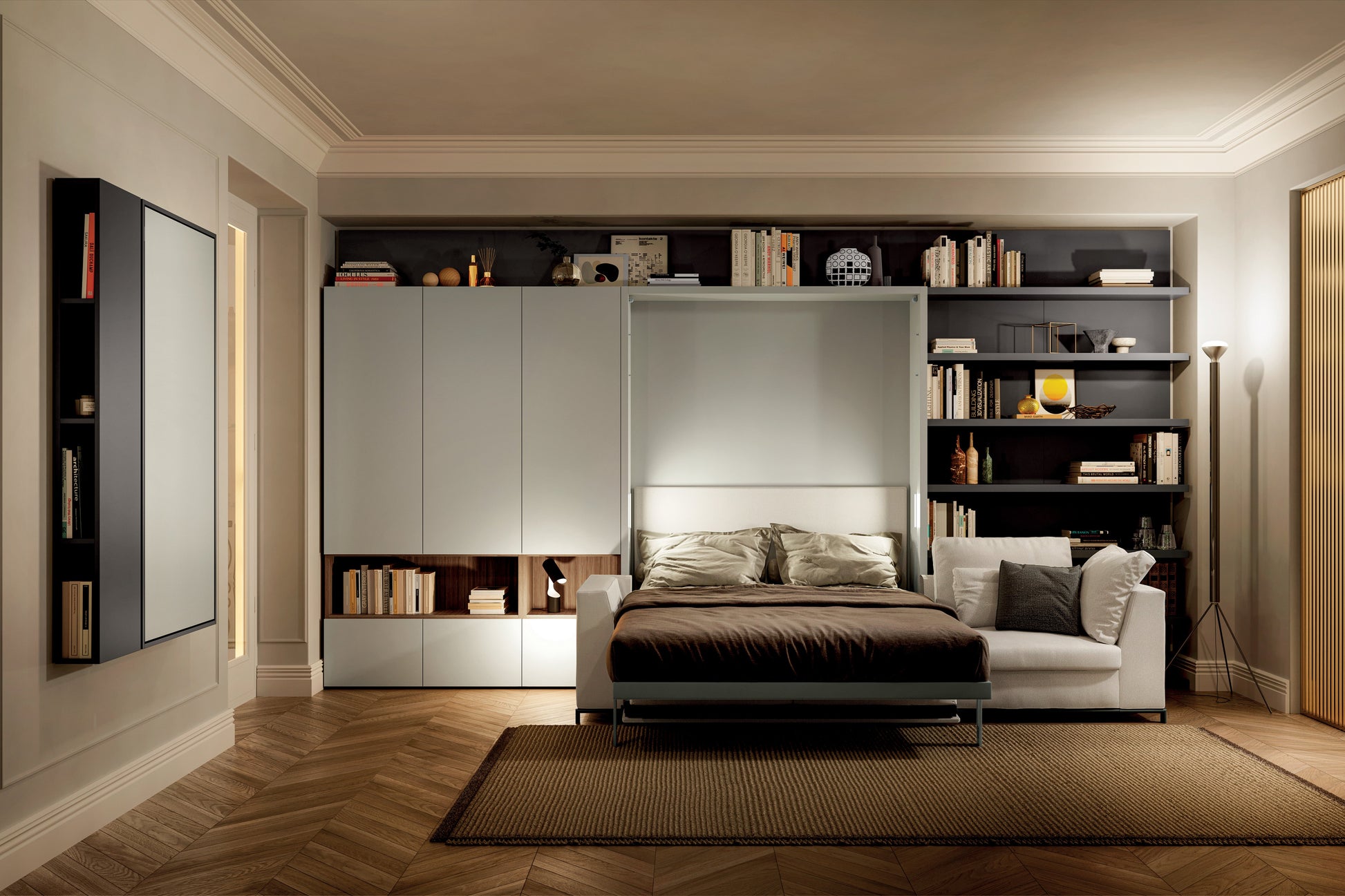 Wall bed with sectional sofa in living room
