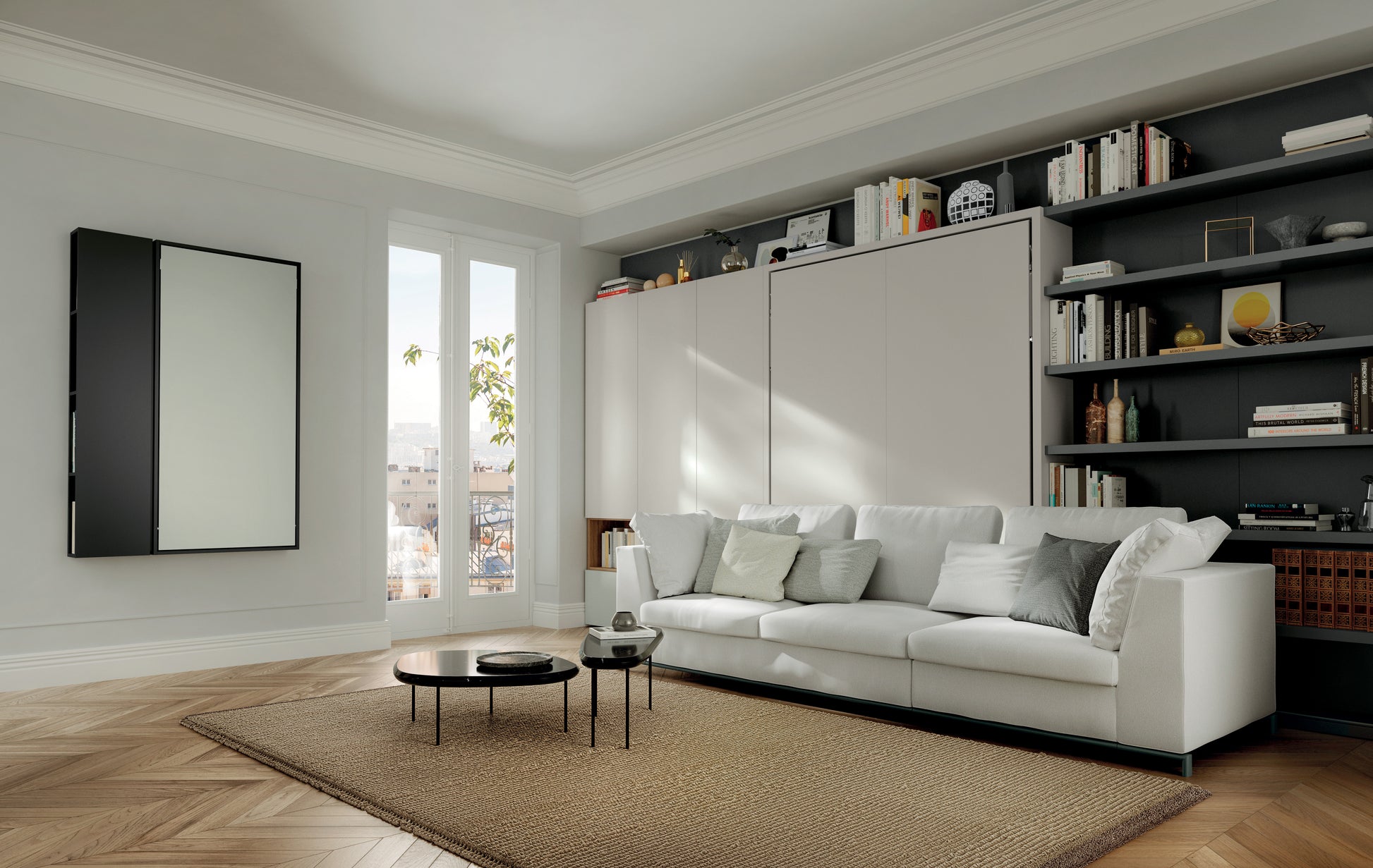 Queen wall bed with sectional sofa in apartement setting
