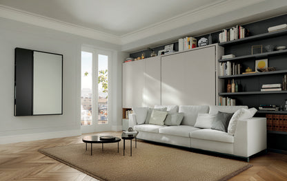 Queen wall bed with sectional sofa in apartement setting