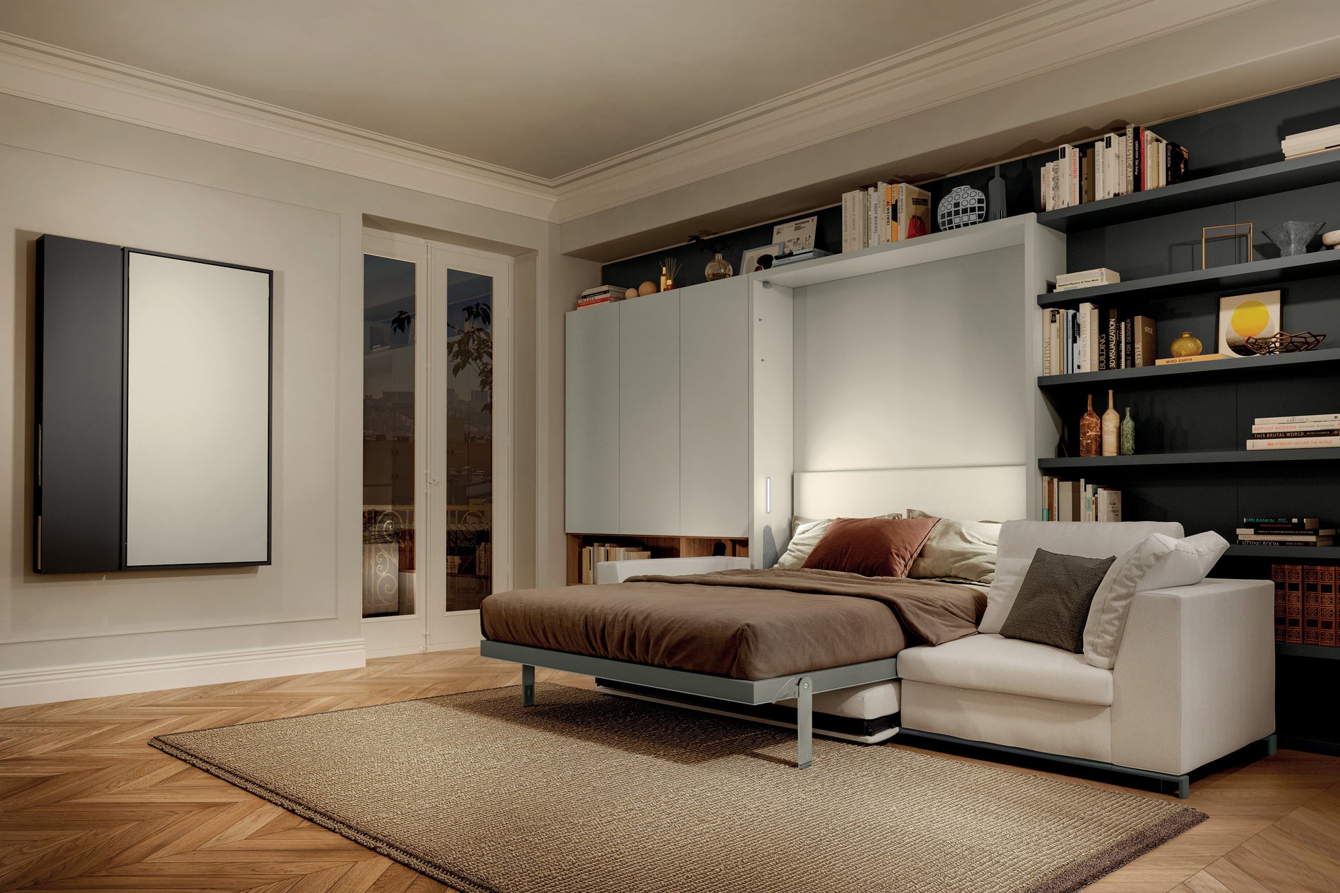 Wall bed open in apartment living room