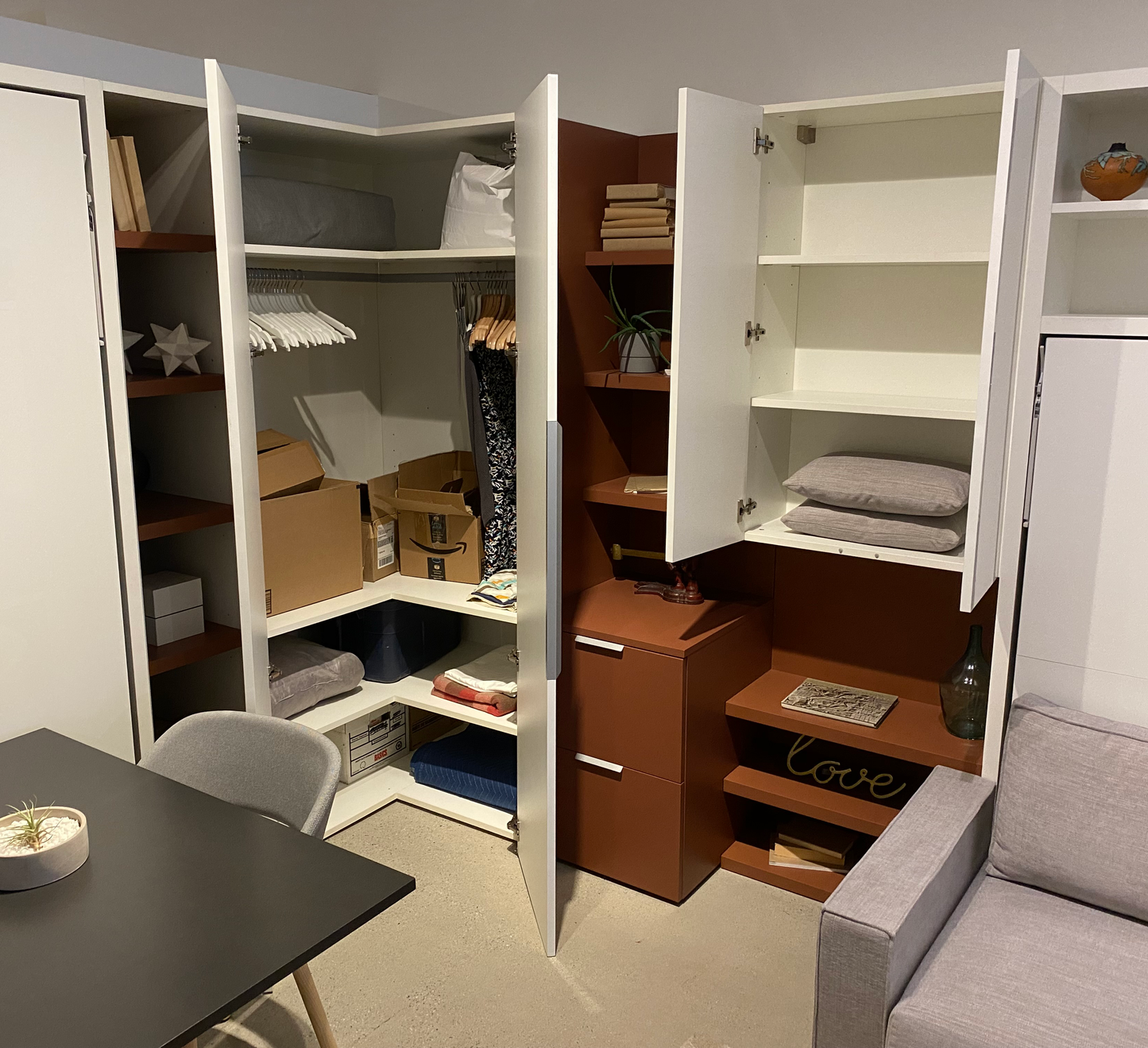 Open cabinet configuration with shelving