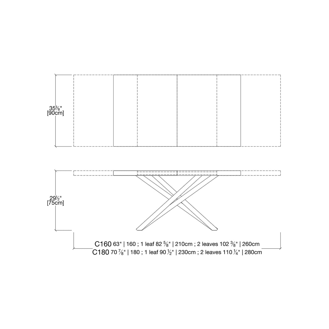 Technical drawing of expanding dining table, with dimensions.