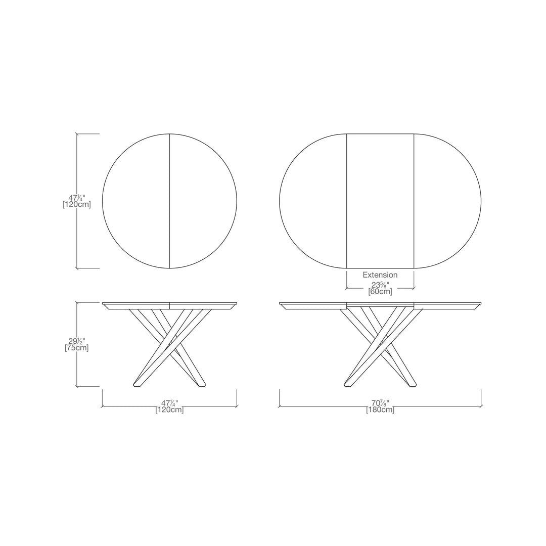 Technical drawings of circular expanding dining table, with dimensions.