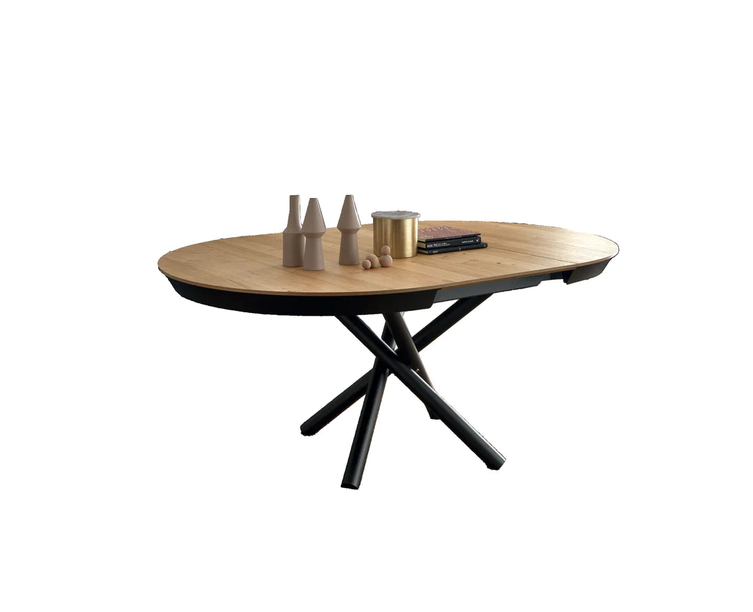 Circular expanding dining table, white background.