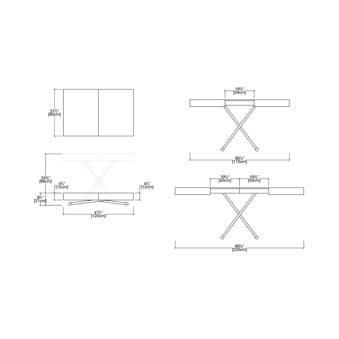 Technical drawing of transforming table, with dimensions.