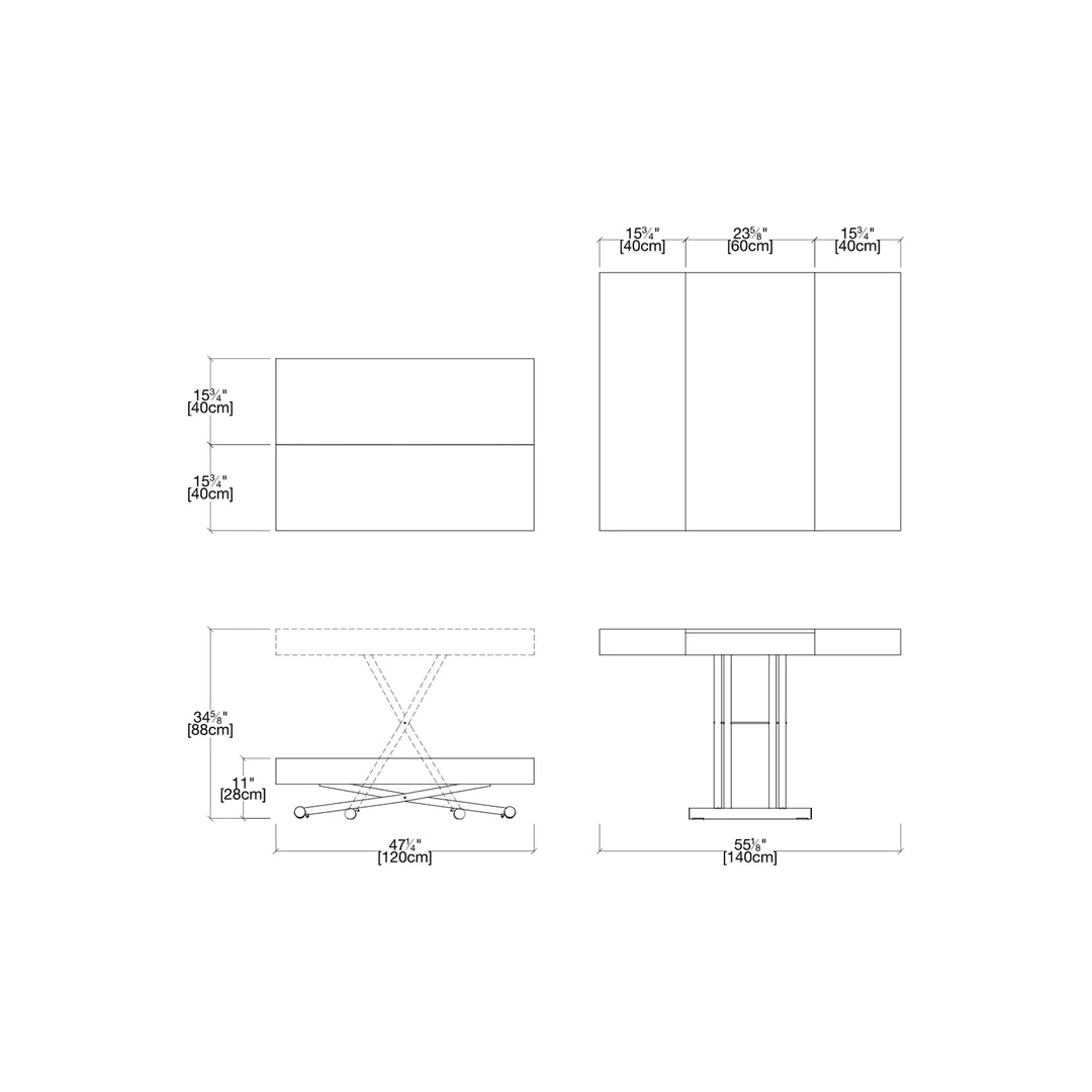 Technical drawing for transforming table, with dimensions.
