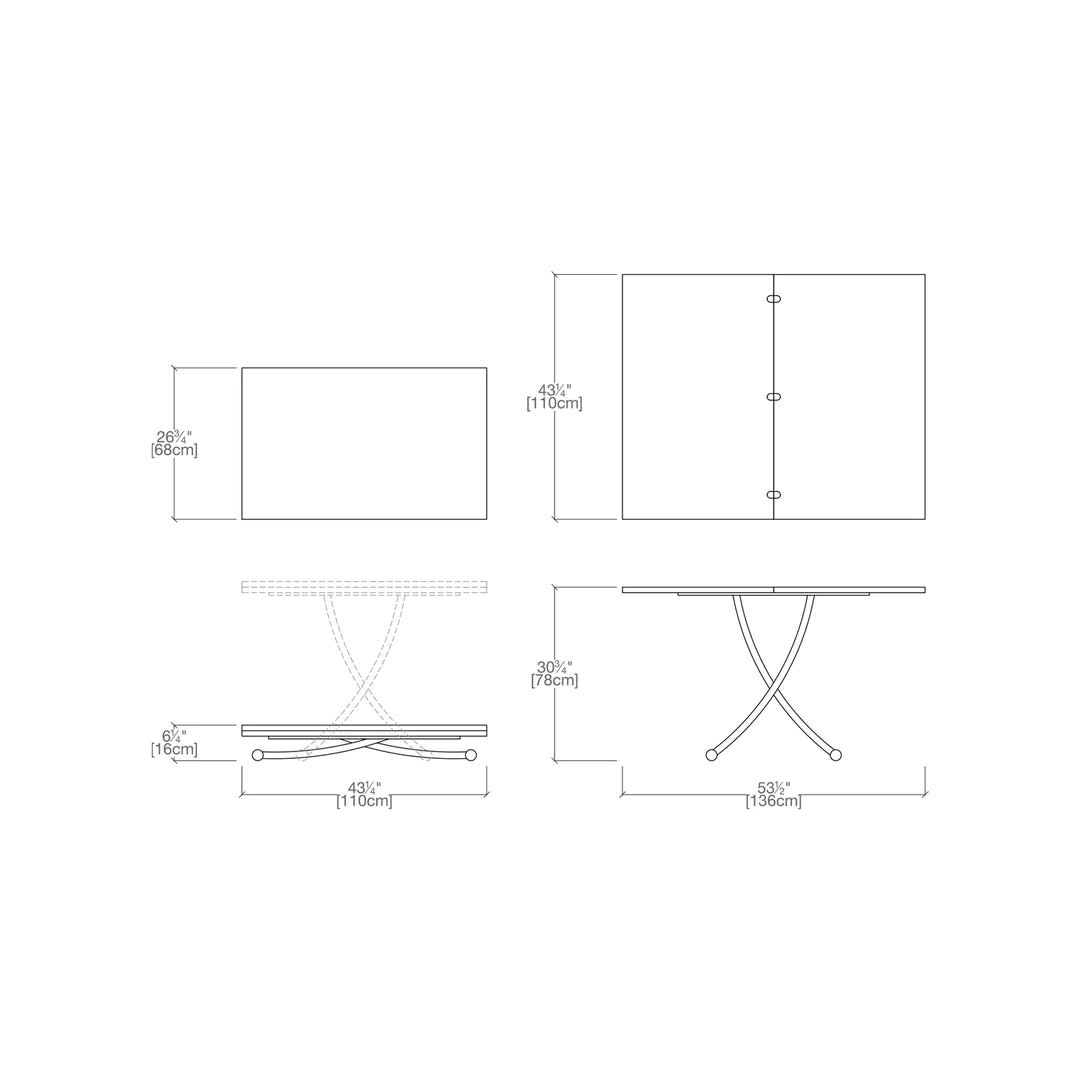 Technical drawing of expanding table with dimensions.