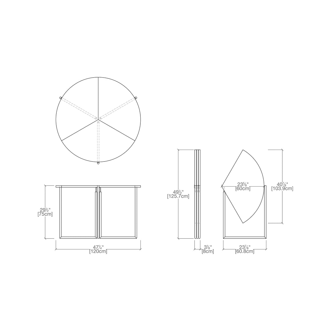 Folding dining table drawing with dimensions.