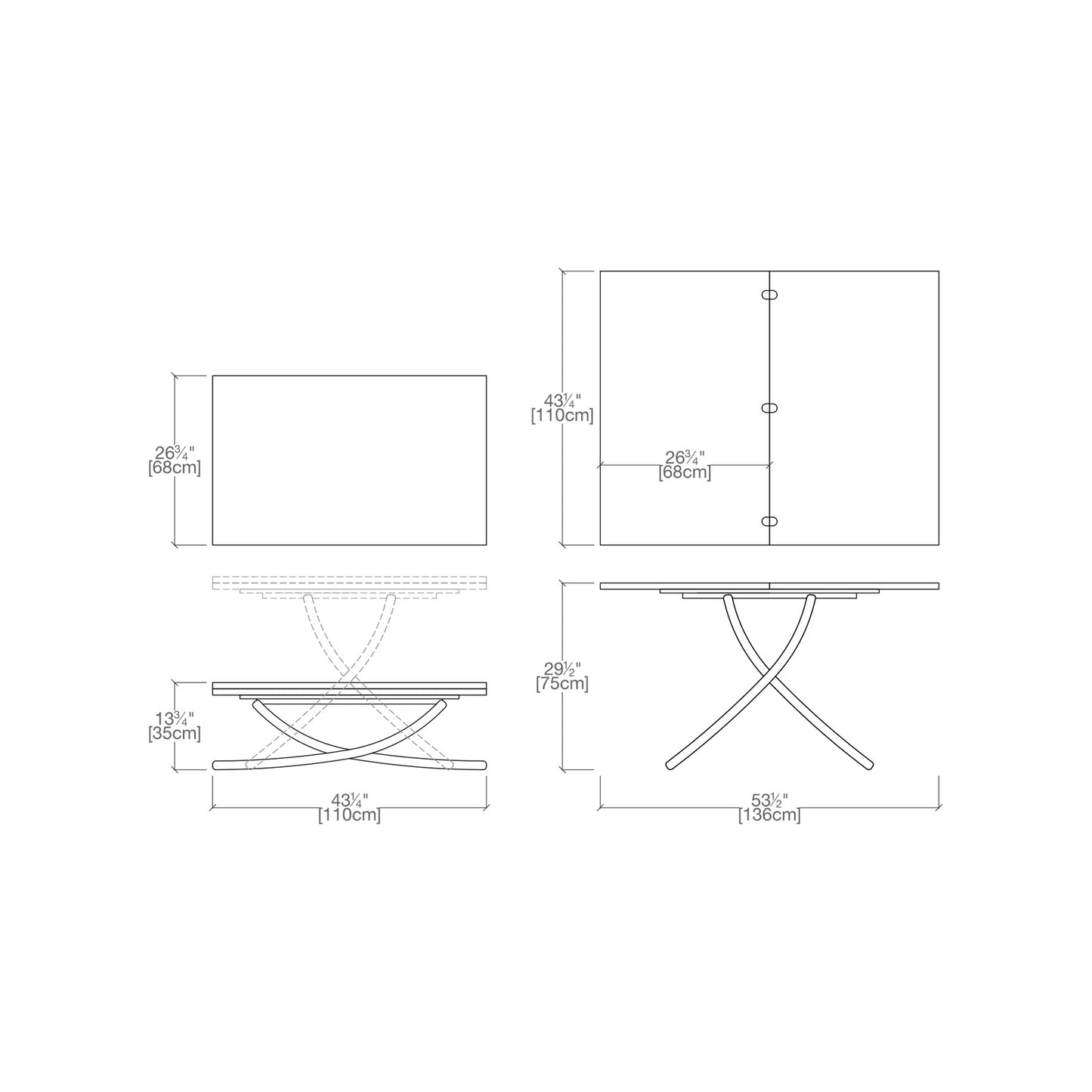 Katana transforming coffee table technical drawing with dimensions.