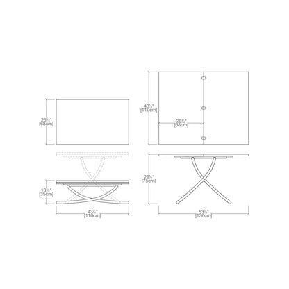 Katana transforming coffee table technical drawing with dimensions.