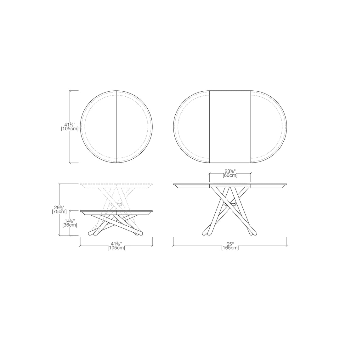 Soleil table technical drawing with dimensions.