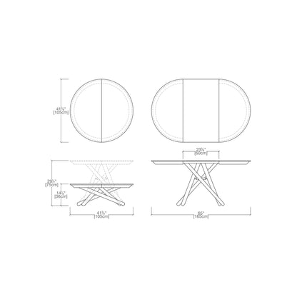Soleil table technical drawing with dimensions.