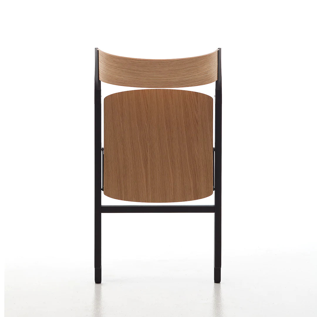 Folding dining chair with curved back, wooden seat and metal frame.