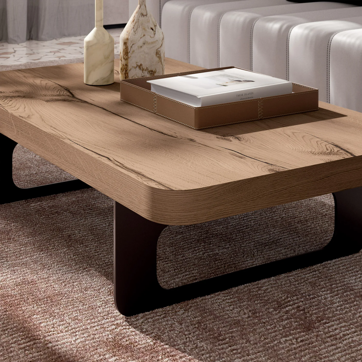 Close up of natural wood coffee table with metal legs.